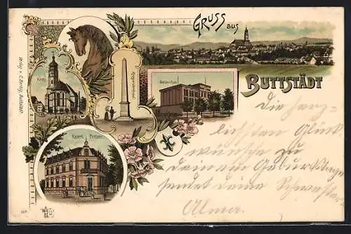 Lithographie Buttstädt, Sophienschule, Kaiserl. Postamt, Kirche