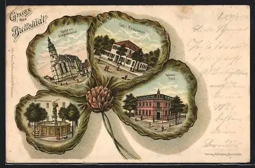 Passepartout-Lithographie Buttstädt, Loh-Restaurant, Marktbrunnen, Post und Kirche im Kleeblatt
