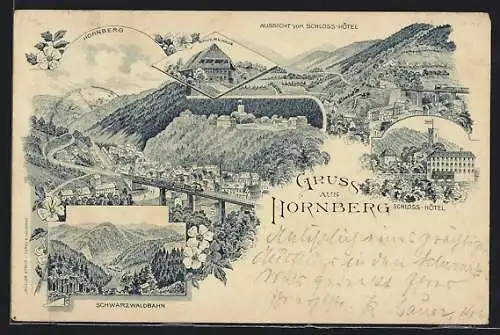 Lithographie Hornberg / Baden, Schloss-Hotel, Ortsansicht, Bauernhaus, Schwarzwaldbahn