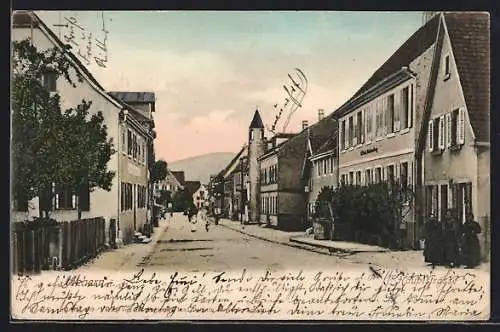 AK Achern, Partie in der Hauptstrasse mit Turmgebäude und Bergblick