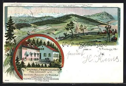 Lithographie Freiburg i. Br., Gasthaus zur Friedrichshöhe Hanhart Wwe., Schauinsland mit Bergpanorama u. Ortspartie