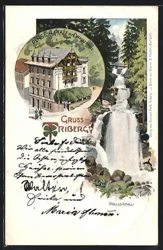 Lithographie Triberg, Pension Pfaff am Wasserfall