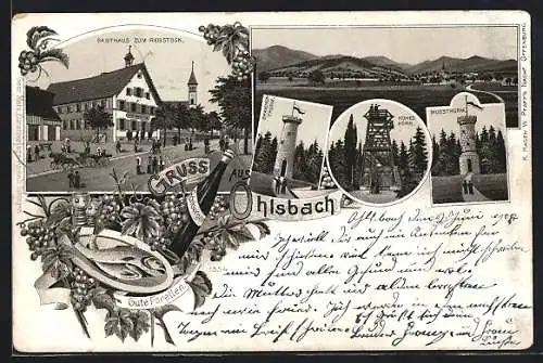 Lithographie Ohlsbach, Gasthaus zum Rebstock, Brandeck-Turm, Hohes Horn