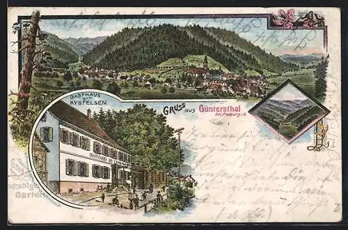 Lithographie Freiburg i. B., Gasthaus zum Kybfelsen im Güntersthal, Ortspartie, Teilansicht