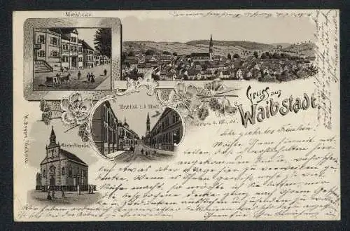 Lithographie Waibstadt, Marktplatz, Marienkapelle, Einblick in die Stadt