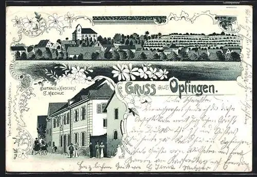 Lithographie Opfingen, Gasthaus z. Hirschen v. G. Kiechle, Ortsansicht mit Kirche