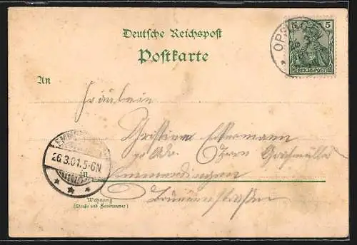 Lithographie Opfingen, Gasthaus z. Hirschen v. G. Kiechle, Ortsansicht mit Kirche