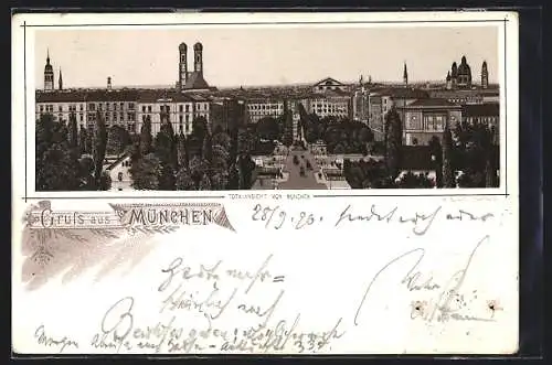 Vorläufer-Lithographie München, 1890, Totalansicht mit Frauenkirche