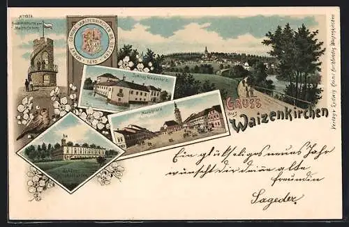 Lithographie Waizenkirchen, Schloss Weidenholz, Marktplatz, Ortsansicht