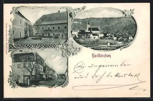 AK Hartkirchen, Gemeinde- u. Postamt, Ortsansicht mit Ruine Schaumburg