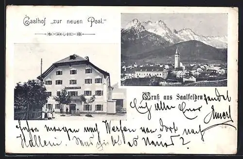 AK Saalfelden, Gasthof zur neuen Post, Ortsansicht