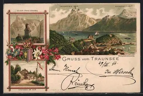 Lithographie Traunkirchen /Traunsee, Gasthaus am Stein, Kaiser Franz-Denkmal, Ortsansicht