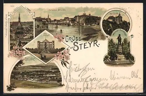 Lithographie Steyr, Villa Werndl, Christkindl, Werndl-Denkmal