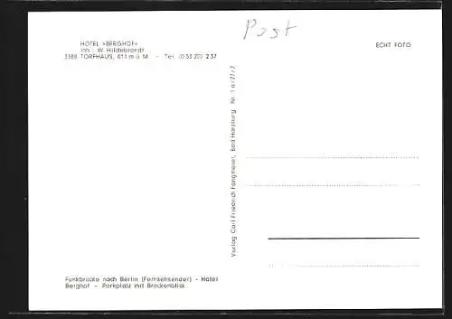 AK Torfhaus /Oberharz, Hotel Berghof, Parkplatz mit Brockenblick, Funkbrücke nach Berlin