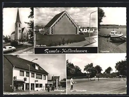 AK Rumeln-Kaldenhausen, Evgl. Kirche, Kath. Kirche, Töppersee, Post und Tennisplätze