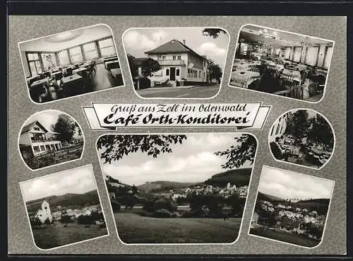 AK Zell im Odenwald, drei Ortsansichten aus verschiedener Sicht und Cafè Orth-Konditorei