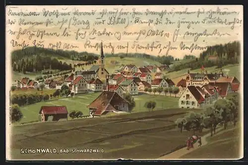 AK Schönwald /Schwarzwald, Ortsansicht mit Kirche