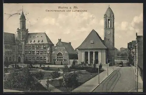 AK Worms, Eleonorenschule und Lutherkirche aus der Vogelschau