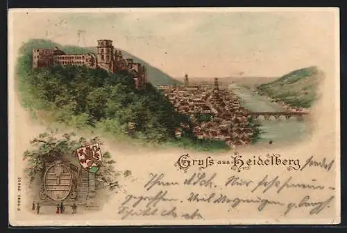 Lithographie Heidelberg, Grosses Fass und Blick zum Schloss Heidelberg