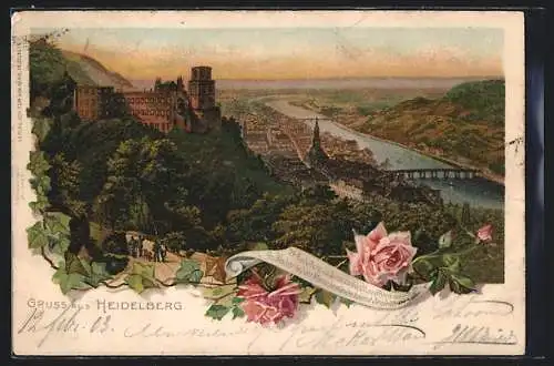 Lithographie Heidelberg, Totalansicht mit Schloss und Umgebung