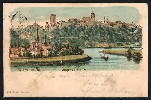 Lithographie Bad Wimpfen /Neckar, Panorama Wimpfen im Thal und Wimpfen am Berg