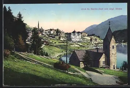 AK Sankt Moritz-Dorf, Ortspartie mit englischer Kirche