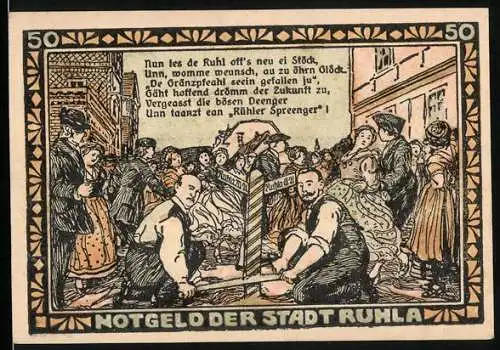 Notgeld Ruhla 1921, 50 Pfennig, Männer zersägen einen Wegweiser