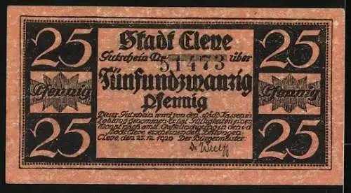 Notgeld Cleve 1920, 25 Pfennig, Parole in Plattdeutsch