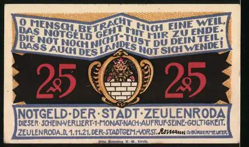 Notgeld Zeulenroda 1921, 25 Pfennig, Ortsansicht, Wappen