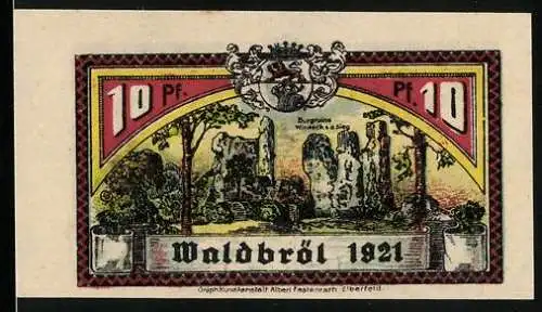 Notgeld Waldbröl 1921, 10 Pfennig, Burgruine, Bauer und Bergmann