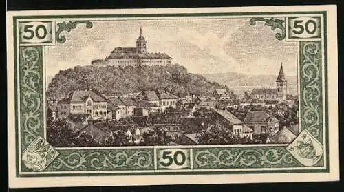 Notgeld Siegburg 1921, 50 Pfennig, Ortsansicht mit Kirche