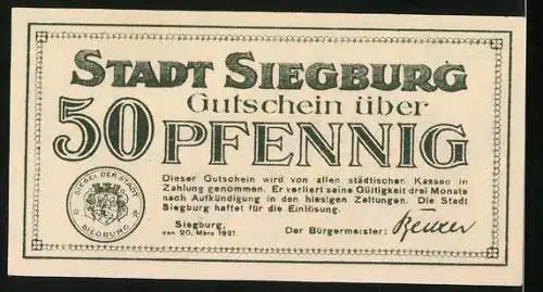 Notgeld Siegburg 1921, 50 Pfennig, Ortsansicht mit Kirche