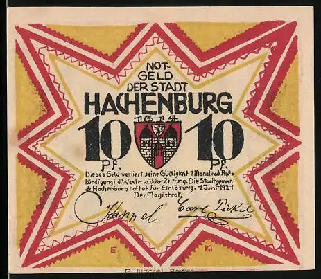 Notgeld Hachenburg 1921, 10 Pfennig, Wappen, Cistercienser-Abtei Marienstatt