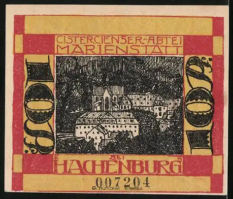 Notgeld Hachenburg 1921, 10 Pfennig, Wappen, Cistercienser-Abtei Marienstatt