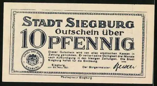 Notgeld Siegburg 1921, 10 Pfennig, Wappen