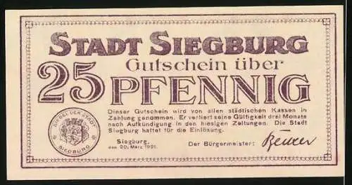 Notgeld Siegburg 1921, 25 Pfennig, Ortsansicht