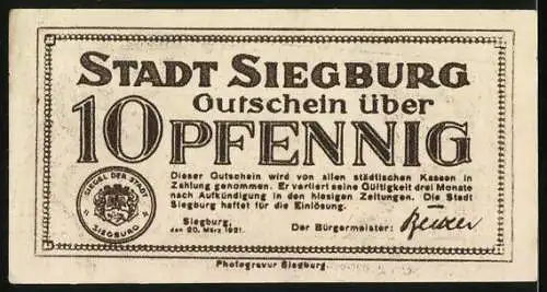 Notgeld Siegburg 1921, 10 Pfennig, Wappen