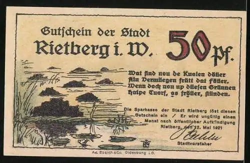 Notgeld Rietberg i. Westfalen 1921, 50 Pfennig, Schlosswälle
