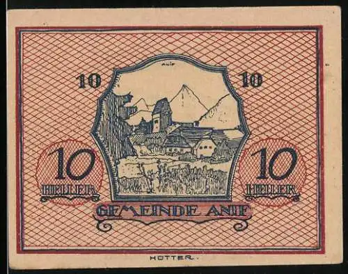 Notgeld Anif 1920, 10 Heller, Ortsansicht mit Kirche