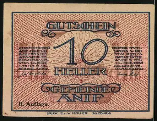 Notgeld Anif 1920, 10 Heller, Ortsansicht mit Kirche