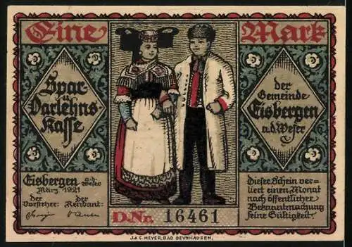 Notgeld Eisbergen a. d. Weser 1921, 1 Mark, Menschen in Tracht beim Tanz