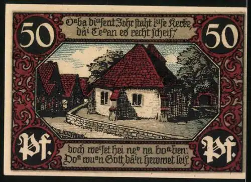 Notgeld Eisbergen a. d. Weser 1921, 50 Pfennig, Mann in Tracht, Ortspartie