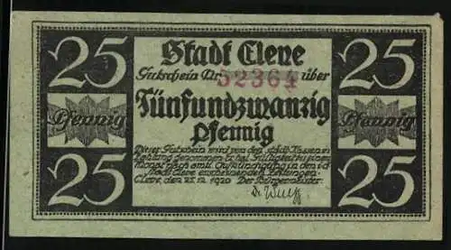 Notgeld Cleve 1920, 25 Pfennig, Parole in Plattdeutsch