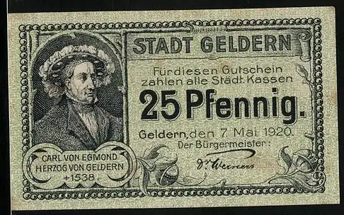 Notgeld Geldern 1920, 25 Pfennig, Herzog Carl von Egmond, Wappen