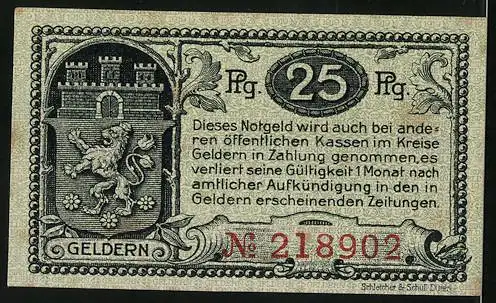 Notgeld Geldern 1920, 25 Pfennig, Herzog Carl von Egmond, Wappen