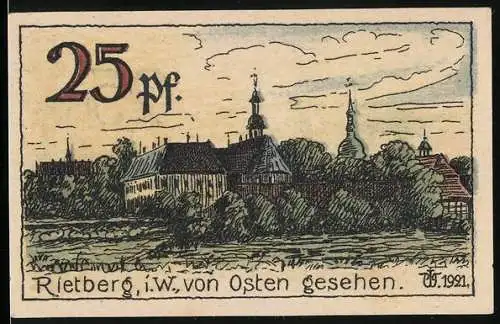Notgeld Rietberg i. W. 1921, 25 Pfennig, Ortsansicht von Osten gesehen