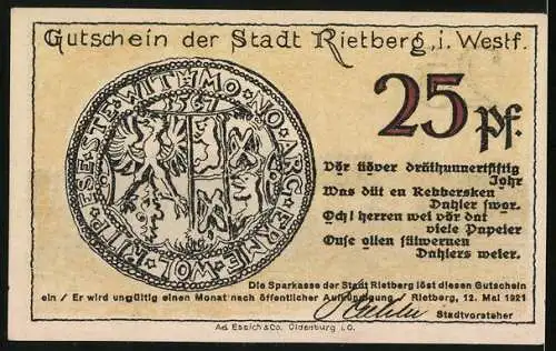 Notgeld Rietberg i. W. 1921, 25 Pfennig, Ortsansicht von Osten gesehen