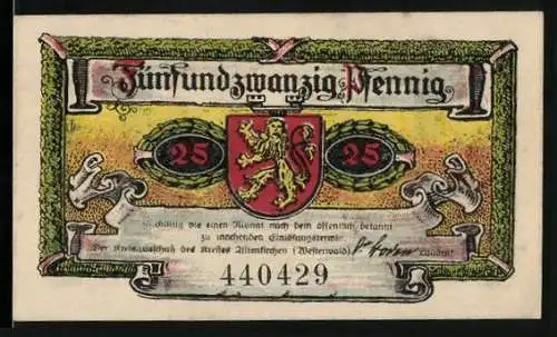 Notgeld Altenkirchen /Westerwald 1921, 25 Pfennig, Schloss Friedewald, Wappen