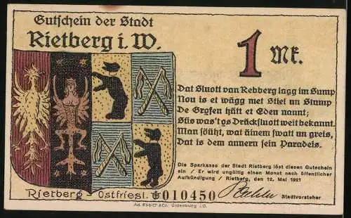 Notgeld Rietberg i. Westf. 1921, 1 Mark, Schloss Eden, Wappen