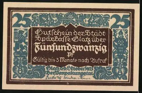 Notgeld Glatz 1921, 25 Pfennig, 100 Jahre Sparkasse